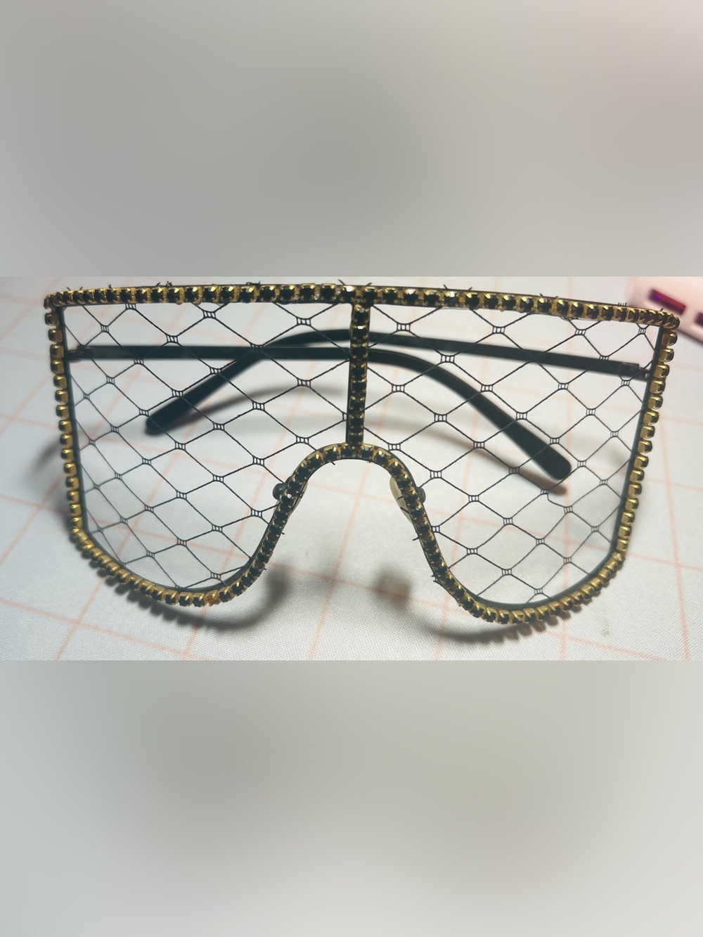 Black Mesh Shield Sunglasses with Gold Stud Trim
